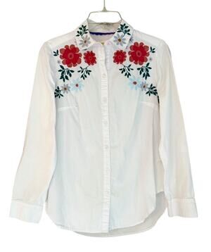 Maeve Anthropologie White Floral Embroidered Button Front Shirt Size 4